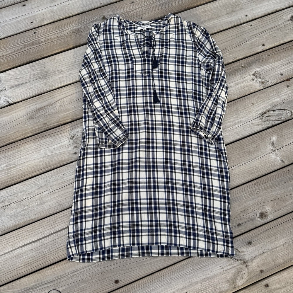 Madewell Plaid Artiste Tunic Dress M Navy White Tassel Boho Shift Pockets